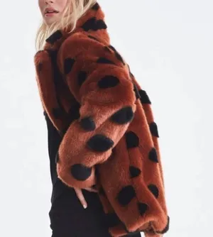 ICHI GINGERBREAD BROWN Faux Fur Coat With Abstract Accents Sz 40 Large NWT thumbnail 13