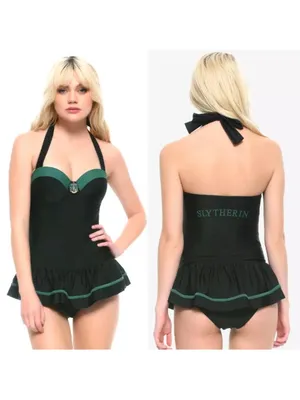 Hot Topic Harry Potter Slytherin One Piece Skirt Swimsuit Size 2X Black Green thumbnail 2