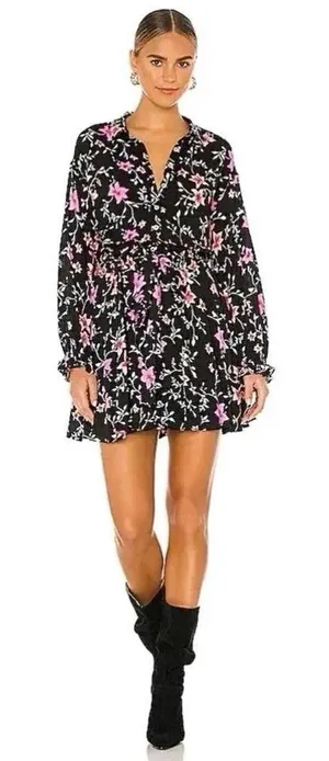 Free‎ People Black Floral Lighten Up Floral Long Sleeve Mini Dress M Smocked thumbnail 1