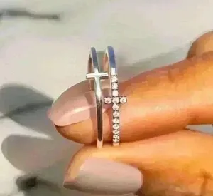 Silver Double Cross Rhinestones Ring Size 7 thumbnail 1