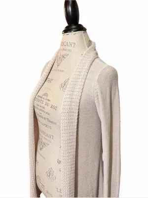 Belldini Beige Oatmeal Open Knit Duster Cardigan with a Cable Knit Spine Sz S thumbnail 5