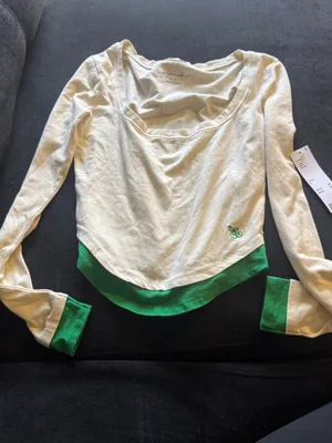Urban Outfitters Cream Scoop Neck Top with Green Trim thumbnail 2