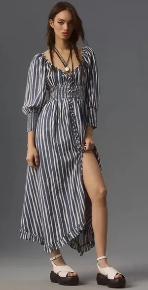 NWT!! By ANTHROPOLOGIE Long Sleeve Sweetheart Midi Dress Blue White Striped XS thumbnail 1