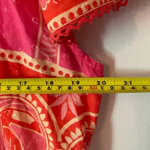 Farm Rio Red Pink Paisley Tropical Floral Blouse Beaded Tassel Boho Resort Small thumbnail 8