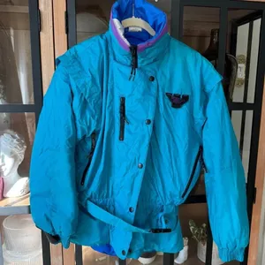 Vintage Mountain Goat ski jacket winter neon 80s colorblock zip up pockets belt thumbnail 1