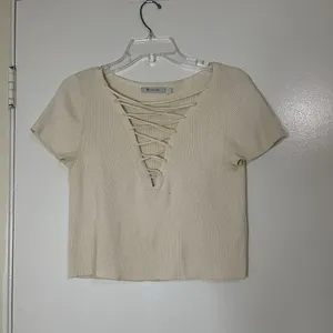 T Alexander Wang Ivory Yellow ribbed cropped lace up knit tshirt size medium thumbnail 1