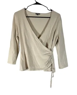 Ann Taylor Beige Long Sleeve Wrap Style Dressy Blouse Women Sz M thumbnail 1