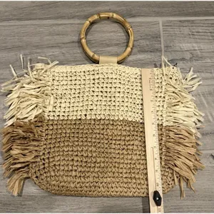 Boho Straw Crossbody Bag Bamboo‎ Handle Fringe Tote Beach Purse Two Tone Chic thumbnail 8