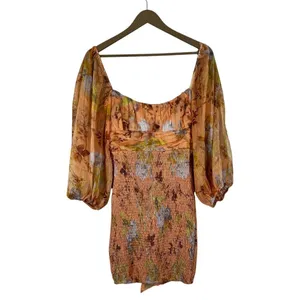 Here Comes The Sun Floral Smocked Balloon Sleeve Back Tie Mini Dress Orange Sz M thumbnail 2