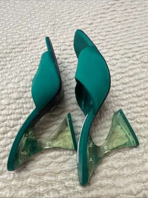 Zara Women’s Green Satin Strap Slides Square Front Chunky Block Acrylic Heel 39 thumbnail 9