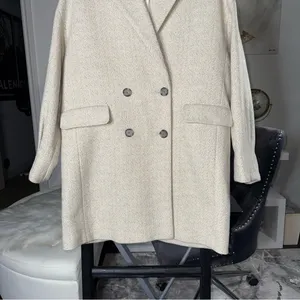 Mango Wool Blend Herringbone Double Breasted Coat Neutral Beige Medium New NWT thumbnail 8