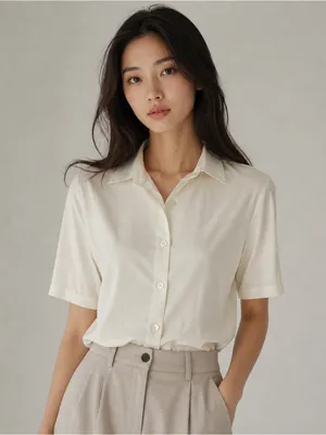 Zara white stretchy button up blouse short sleeve business casual small classic thumbnail 1