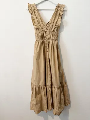 Mable Cotton Poplin Tiered Midi Dress Size Small Tan Cottagecore Milkmaid Boho thumbnail 3