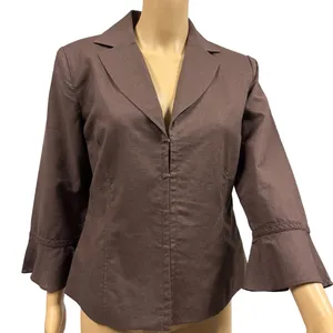 Oscar De La Renta Linen Brown 3 Quarter Bell Sleeve Hook Front Top Jacket Size 8 thumbnail 2