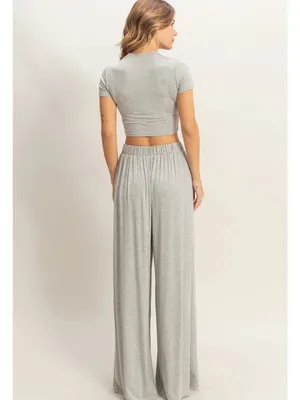 HYFVE Heather Gray Wide Leg Lounge Set Large 2 Piece Crop Top Pants thumbnail 5