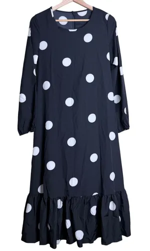 Black White Polka Dot Ruffled Hem Midi Dress Flowy Retro Mod Belted Women Size M thumbnail 1