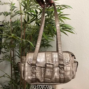 Grey Silver croc pattern mini shoulder handbag purse silver tone buckle cargo pocket 2000s Y2K thumbnail 1