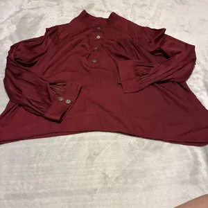 By Anthropologie Burgundy Ruffle Shoulder Peasant Blouse Long Bishop Sleeve XL thumbnail 2