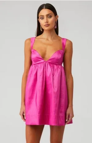 For Love & Lemons Selena Bright Pink Mini Babydoll Plunge Preppy HOT Dress NWT thumbnail 1