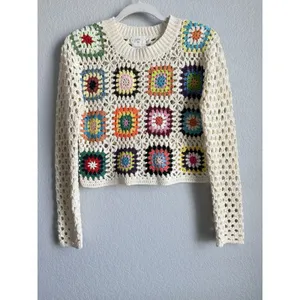 Luna Ivy Crochet Sweater Crop Granny Knit Top Cottagecore Boho Patchwork Small thumbnail 7