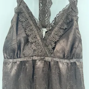 Vintage Y2K Satin Lace Babydoll Top Sz M Brown Coquette Lace Trim Fairy Romantic thumbnail 5
