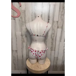 Cherry Print Bikini Set Women's Two Piece Ruffle Bottoms Adjustable Straps Size White thumbnail 4