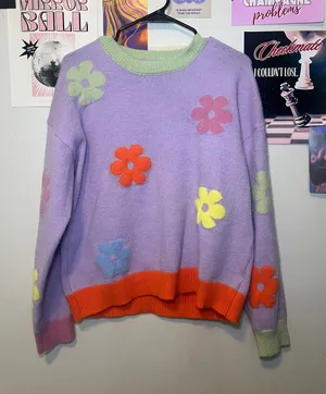 easel Lavender Crewneck Sweater with Multicolor Floral Appliqués thumbnail 1
