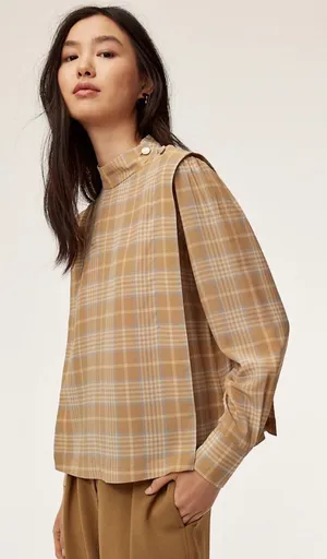 Wilfred Aritzia Henrietta Plaid Mock Neck Blouse Tan Brown thumbnail 1