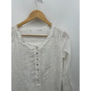 Soft Surroundings Top Women White Cotton 3/4 Sleeve Boho Coastal‎ Minimal S/M thumbnail 5