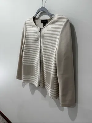 St John Size M Zip Sweater Jacket Wool Cream Stripe Luxury‎ thumbnail 3