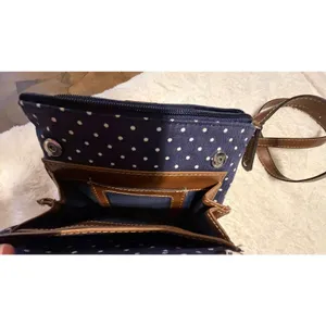 Chaps Navy Blue Polka Dot Crossbody Bag Brown Trim Canvas Small Messenger Purse thumbnail 12