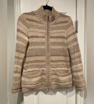L.L. Bean Tan Striped Cotton Mock Neck Full Zip Knit Cardigan Sweater Size S P thumbnail 1
