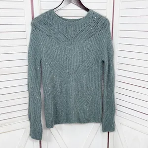 Nine West Scalloped Sleeve‎ Sequin Shimmer Sweater Sage Green Silver XS thumbnail 7
