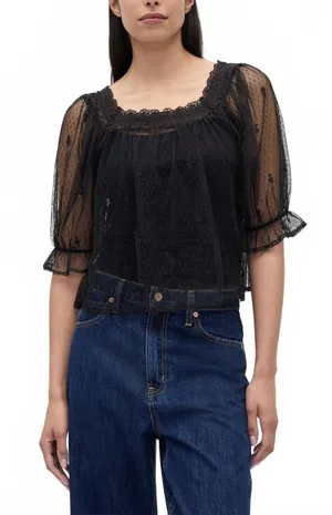 Gap Sheer Tulle Embroidered Top NWT True Black Size Medium thumbnail 1