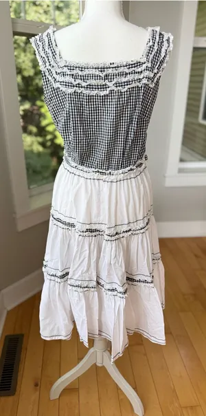Vintage Handmade Black & White Gingham Tiered Cotton Midi Dress FLAW thumbnail 1
