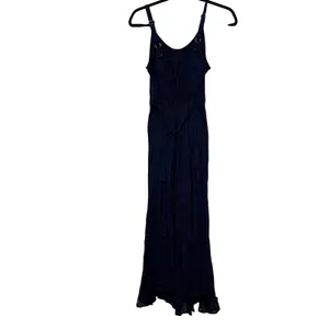 Under One Sky Navy Embroidered Boho Maxi Dress Lace Up‎ Smocked Back Ruffle Hem whimsygoth thumbnail 6