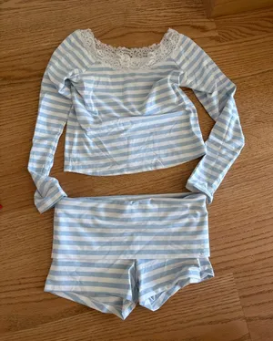 Frankie's Bikinis Light Blue & White Striped Lace-Trim Sleep Set thumbnail 1