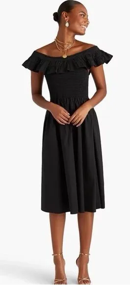 Hill House Home Akilah Nap Dress Black XXS Smocked Midi Off Shoulder Ruffle thumbnail 1