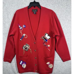 Suzelle Womens‎ Cardigan Large Sweater Red Embroidered Cosmetics Button 90s thumbnail 2