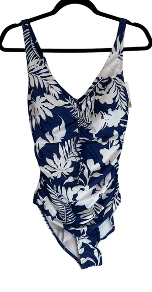 B2PRITY Navy White Tropical Floral Ruched‎ One Piece Swimsuit Women's Small thumbnail 1