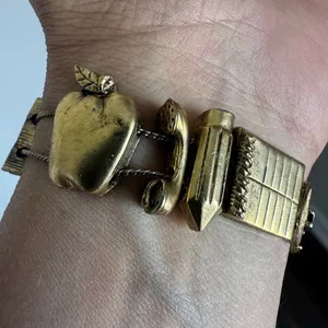 Vintage Gold Tone Back To School Teacher Charm Slide Bracelet thumbnail 3