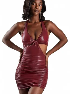 Oh Polly Knot Front Bodycon Mini Dress in Wine Red thumbnail 1