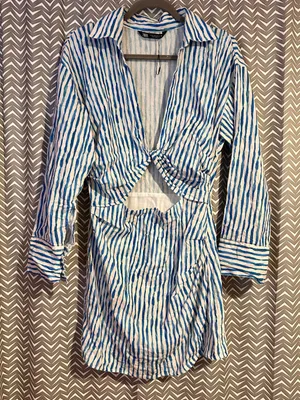 NWOT Zara | Striped Linen Blend Mini Dress with Cut Out Detail, M thumbnail 2