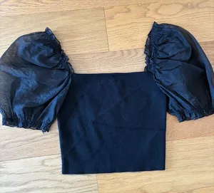 Wilfred at Aritzia Black Puff-Sleeve Square Neck Crop Top Size Small thumbnail 1