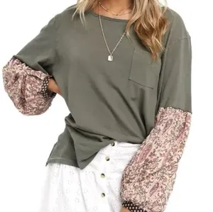 We The Free Jade Green Floral Long Sleeves Oversized Slouchy Tee thumbnail 1