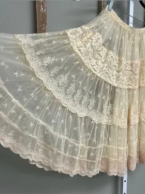 Vintage Boho Fairycore Lace Mesh Tiered Midi Skirt Cream Ivory Sheer Romantic S thumbnail 4