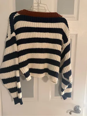 Altar’d State Cropped Striped V-Neck Button Cardigan - Navy, Cream & Brown thumbnail 4