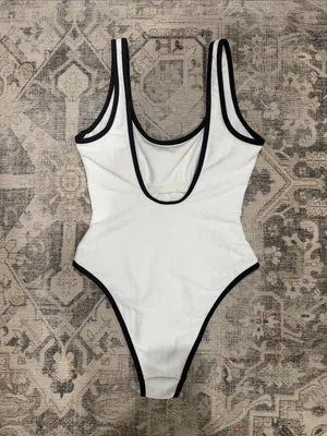 No Boundaries White One-Piece Swimsuit with Black Trim thumbnail 3