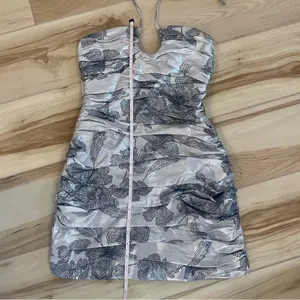 ZARA METALLIC DRAPED HALTER MINI DRESS SILVER W/ Black Floral Zipper Size Small thumbnail 12