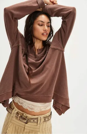Free People Bohemian Billowy Handkerchief Hem Cascade Sweatshirt Brown XS NWT thumbnail 1